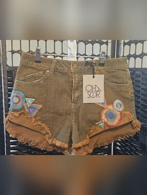 Chaser Embroidered Fringe Denim Shorts